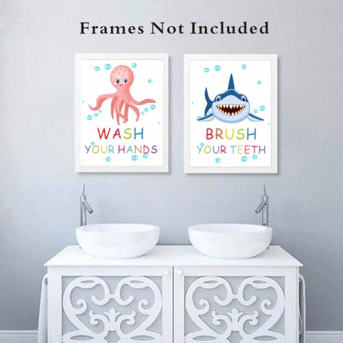 Colorful Ocean Animal Quote Art Print Set for Kids' Bathroom - 4 Unframed 8x10 Canvas Prints