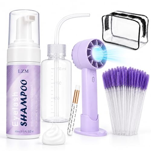 Lash Shampoo Kit with Foam, Brush, Spoolies, Fan & Travel Bag for Extensions & Natural Lashes