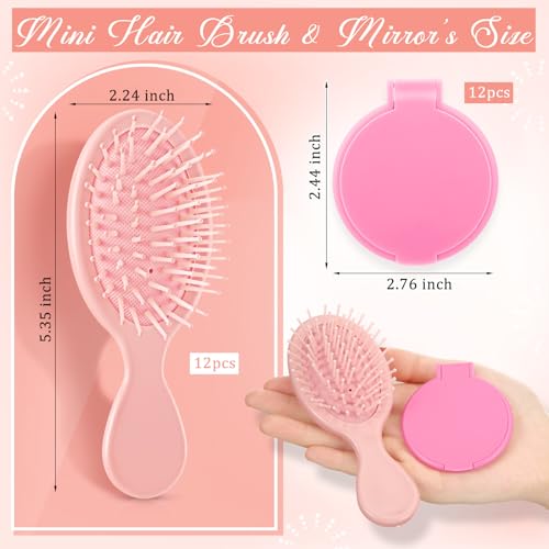 Pink 24 Pcs Mini Detangling Hair Brush & Compact Mirror Set for Spa & Travel