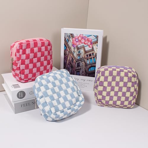 KOTORA 3pcs Checkered Mini Makeup Bag Set - Blue, Pink, Purple