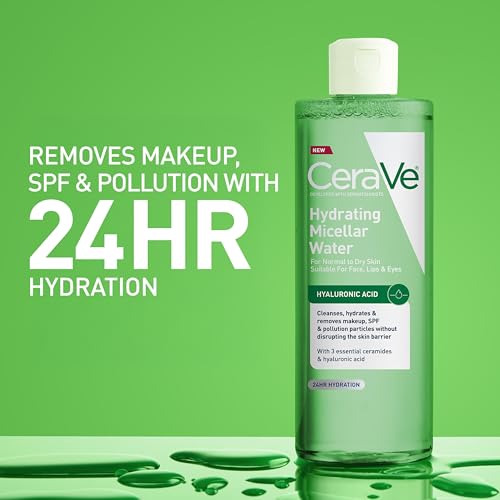 CeraVe Hydrating Micellar Water, Facial Cleanser & Makeup Remover with Hyaluronic Acid & Ceramides, 24h Hydration, Barrier Strengthening, Alcohol-Free, Fragrance-Free, Safe for Sensitive Skin, 13oz