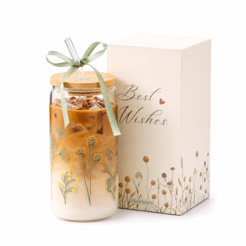 Floral Glass Cup with Lid and Straw - 16oz Aesthetic Tumbler