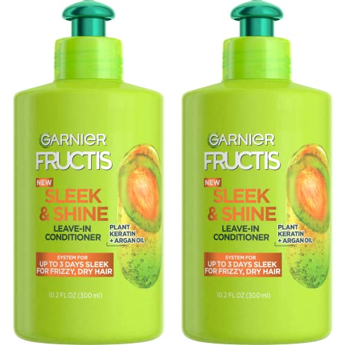 Garnier Fructis Sleek & Shine Leave-In Conditioner Cream, Anti-Frizz Hair Treatment with Plant Keratin + Argan Oil, Controls Frizz and Provides Smoothness For Frizzy, Dry Hair, 10.2 Fl Oz (Pack of 2)