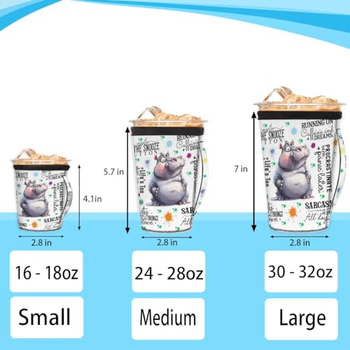 Cute Hippo Neoprene Iced Coffee Sleeve with Handle - Large 30-32 oz
