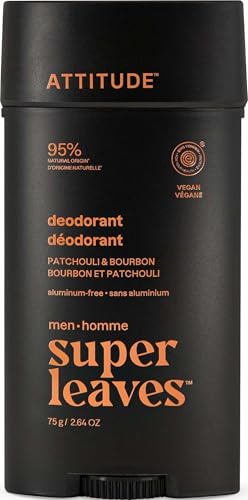 ATTITUDE Aluminum-Free Deodorant for Men - 95% Natural, EWG Verified, Patchouli & Bourbon Scent, 2.64 Oz
