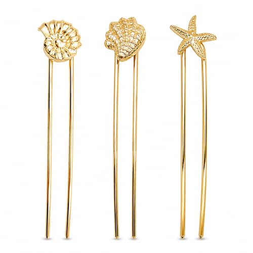 KOOYORK 3-Piece Ocean U-Shaped Hair Pins - Gold Shell & Starfish Bun Forks