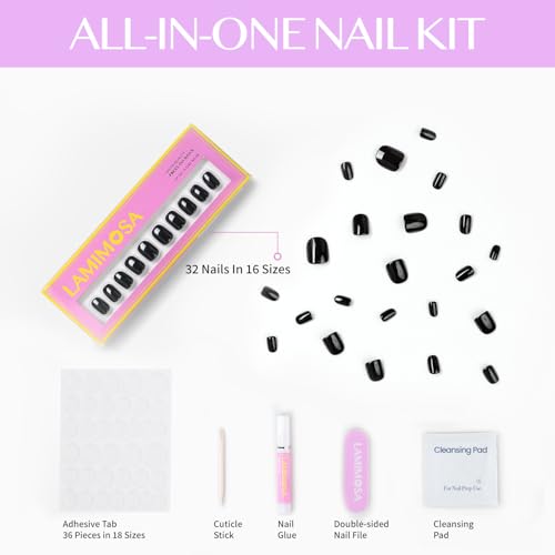 LAMIMOSA Extra Short Round Press-on Nails - Black Soft Gel Nail Kit