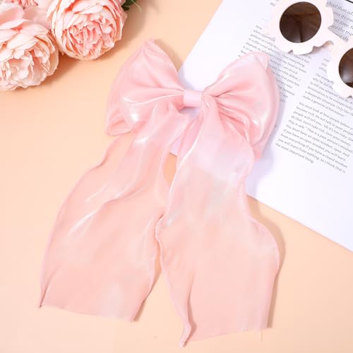 Large Pink Bow Hair Clip with Long Ribbon Tail for Women & Girls