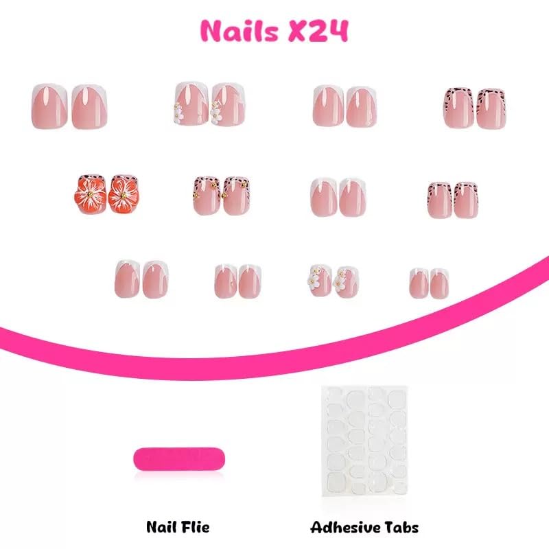 Leopard Print French Tip Press-On Nails with 3D Flowers - 24 Pcs