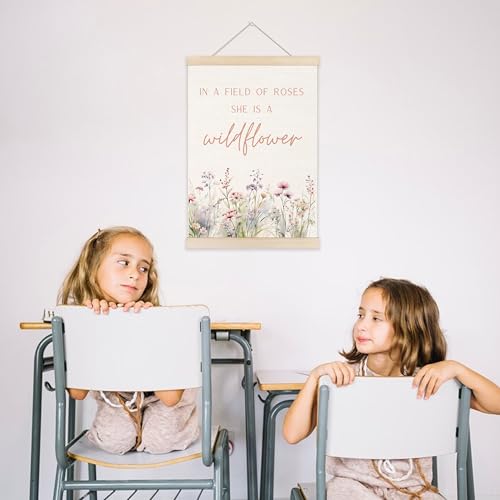Boho Floral Girl Nursery Poster with Wooden Hanger - 12x16