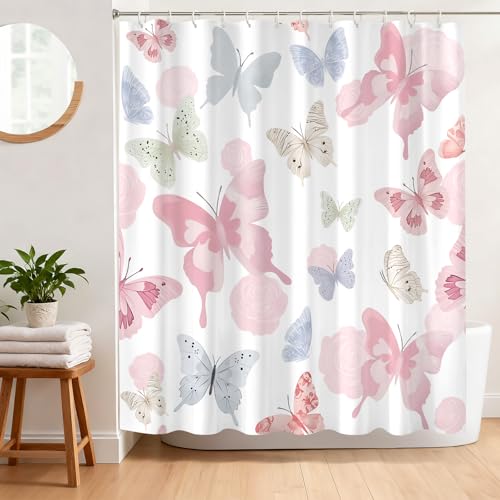 Romantic Butterfly Shower Curtain - Soft Pastel Waterproof 72x72