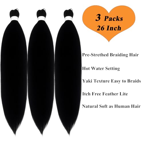 Ai Yuchen 26-Inch Pre-Stretched Black Braiding Hair - 3 Packs
