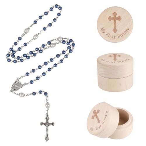 My First Rosary Baptism Gift Set with Wooden Keepsake Box - Blue