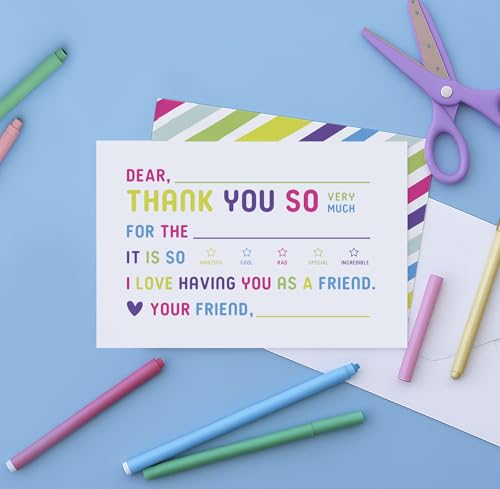 25-Pack Kids Thank You Cards with Envelopes - Colorful Fill-in-the-Blank Design