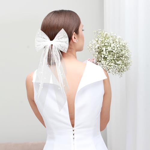 White Hair Bow Veil with Large Pearl Hair Pins for Brides