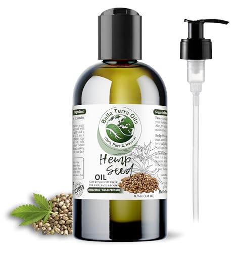 Bella Terra Oils Hemp Seed Oil 8 oz - Cold-Pressed, Nourishing Skin & Hair Oil, Single Bottle