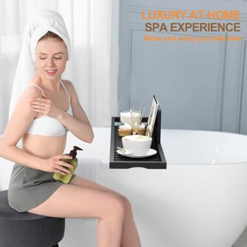 Teakhzct Black Bamboo Bathtub Tray Caddy for Tub - Waterproof Bath Table