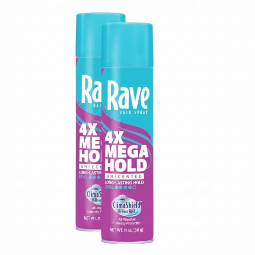 Rave 4X Mega Unscented Aerosol Hair Spray - 33oz Pack of 2, Humidity-Resistant, 24 Hour Hold