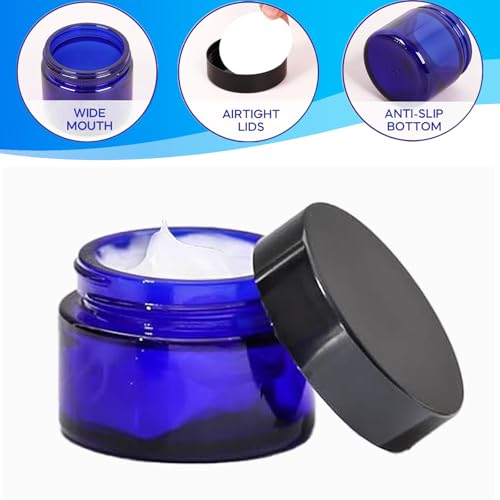 24 Pack 1 oz Blue Glass Cosmetic Jars with Lids - Travel Containers