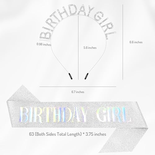 TAROSE Silver Birthday Tiara and Sash Set for Women