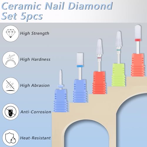 OXDFK 5pc Ceramic Nail Drill Bit Set 3/32" Shank for Gel, Acrylic & Nail Polish Removal