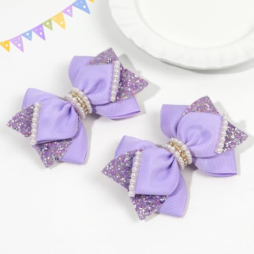 TOKUFAGU 4" Sparkly Glitter Sequin Ribbon Hair Bow Clips Light Purple with Pearls