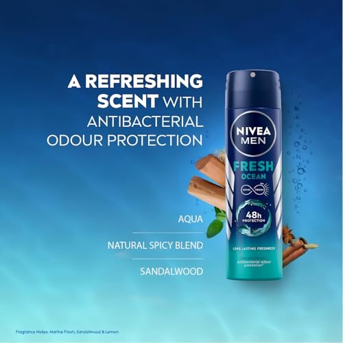 NIVEA MEN Fresh Ocean Deodorant Spray - Long-Lasting Citrus Marine Fragrance, 150ml, Pack of 3