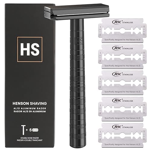 Henson Shaving Razor - Jet Black Double Edge Safety Razor with 5 Spare Blades - 30¡Æ Angled Precision With Superior Blade Rigidity- Reusable Single Blade Razors For Men and Women - Mild Aggression
