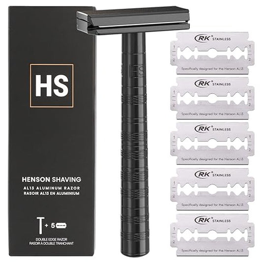 Henson Shaving Razor - Jet Black Double Edge Safety Razor with 5 Spare Blades - 30¡Æ Angled Precision With Superior Blade Rigidity- Reusable Single Blade Razors For Men and Women - Mild Aggression