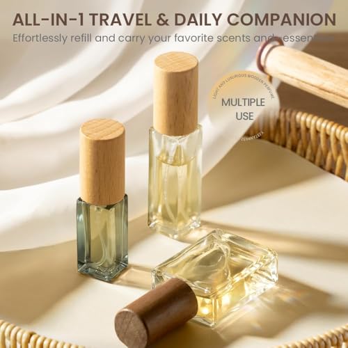Cryslora Refillable Perfume Atomizer, 15ml Travel Spray Bottle with Wood Lid