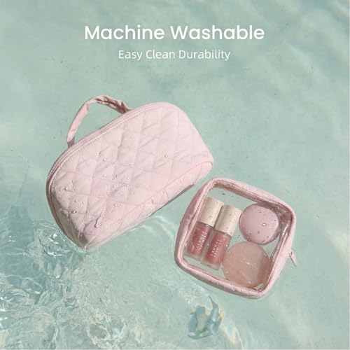 Pink Large Capacity Makeup Bag - Machine Washable Quilted Organizer