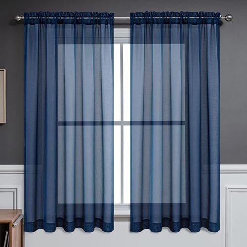 CUCRAF Navy Blue Sheer Curtains - 45-Inch Long, 2-Panel Set