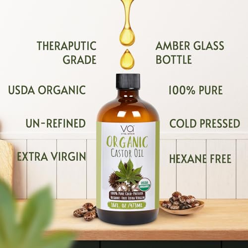VITAL AFFAIR Organic Castor Oil 16 oz - Cold Pressed, Hexane Free & Unrefined Glass Bottle for Pack Wrap Routine, Hair Growth, Skincare, Face & Nails