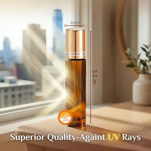 PrettyCare 4 Pack Amber Glass Oil Roller Bottles - 10ml Leak-Proof