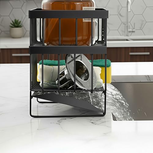 2-Tier Kitchen Sink Organizer Caddy with Brush Holder - Black