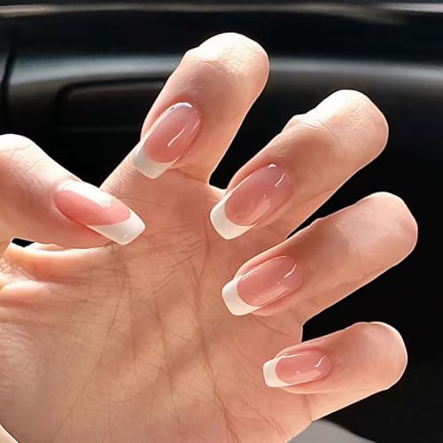 24PCS White French Tip Press-On Nails - Short Square Reusable Acrylic