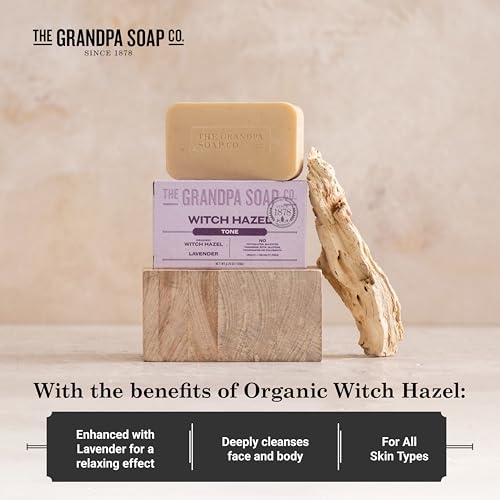 Grandpa's Witch Hazel Bar Soap with Lavender - Vegan Skin Toning Soap, 4-Pack