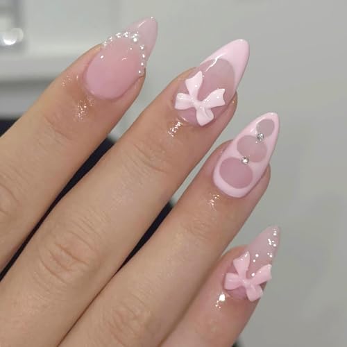 BSBTBZ 24Pcs Pink French Tip Press-On Nails with Pearls & Rhinestones, Medium Almond, Bow Style 2
