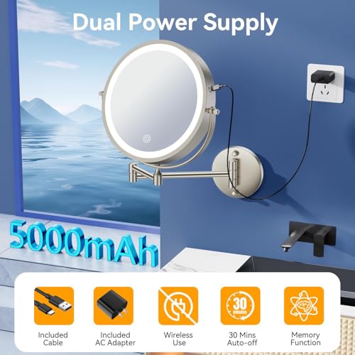 5000mAh Rechargeable Wall Mounted Lighted Makeup Mirror, 9'' 30X/1X Double-Sided Magnifying Mirror with Light, Bathroom Mirror Touch Dimmable 3 Colors 360¡Æ Rotation Extended Arm, Power Adapter