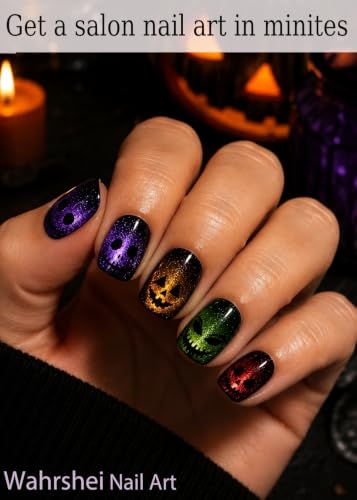 Halloween Wahrshei Cat Eye Ghost Face Semi Cured Gel Nail Strips 20pcs - A5