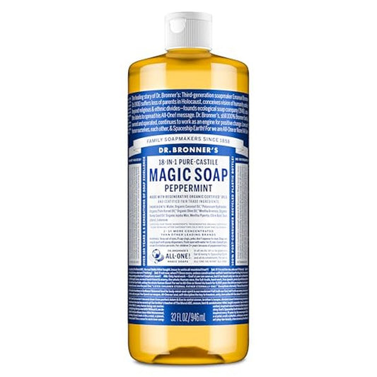 Dr. Bronner's Pure-Castile Magic Liquid Soap - Made with Regenerative Organic Certified Oils- 18-in-1 Uses for Face, Body, Hand, Hair, Laundry & More- Vegan, Non-GMO- Body Wash- Peppermint,32oz