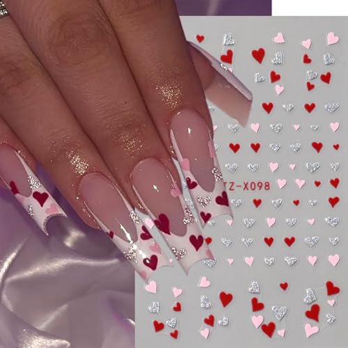 TANYOOTO Valentine's Day Heart Nail Stickers - 6 Sheets, Pink Red Burgundy, Valentine's Style-05