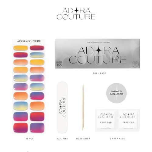 Adora Couture Semi-Cured Gel Nail Strips Kit - 20 Pieces with Prep Pads, Nail File & Wooden Stick