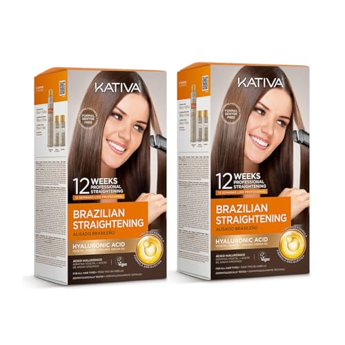 Kativa Brazilian Straightening Kit, 12 Weeks of Home Use Professional Straightening, with Organic Argan Oil, Shea Butter, Keratin & Amino Acids, for Straighter, Softer and Shinier Hair, All Hair Types ? Pack of 2