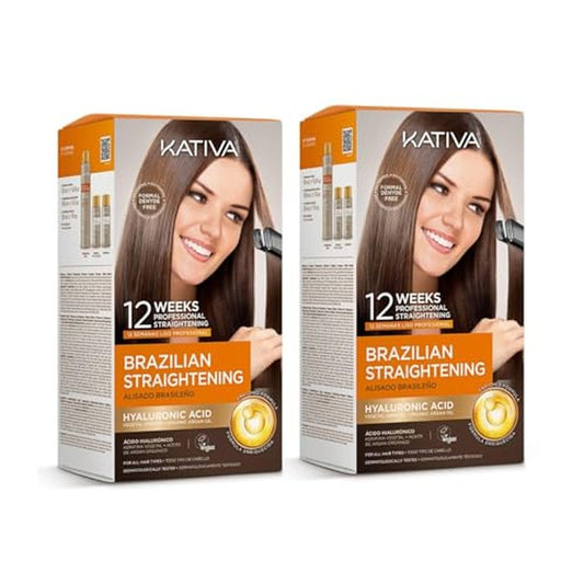 Kativa Brazilian Straightening Kit, 12 Weeks of Home Use Professional Straightening, with Organic Argan Oil, Shea Butter, Keratin & Amino Acids, for Straighter, Softer and Shinier Hair, All Hair Types ? Pack of 2