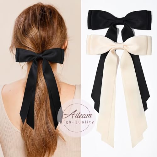 2PCS Handmade Satin Hair Bows Clips for Women & Girls - Beige & Black