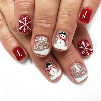 MAOTTIE Christmas Press On Nails Snowflake Glitter Snowman Short Square Fake Nails Red Xmas 24Pcs