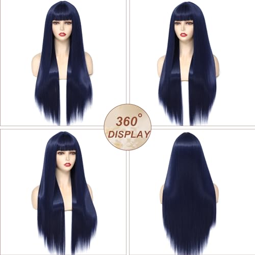 Long Straight Blue Wig with Bangs - Heat Resistant Synthetic Hair