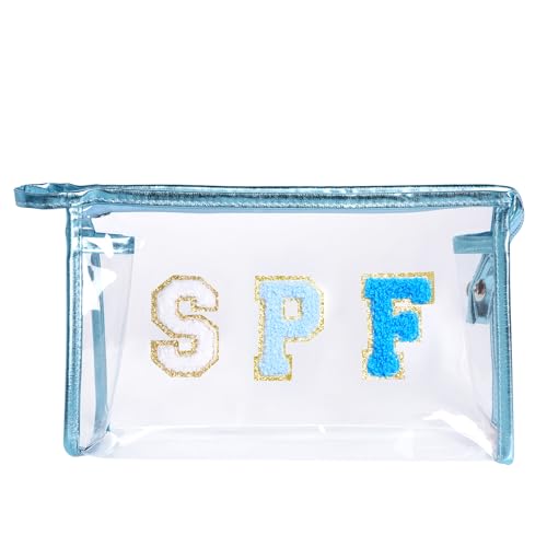 Blue Clear Preppy Makeup Bag with Chenille Letter Patch, Waterproof Travel Toiletry Organizer