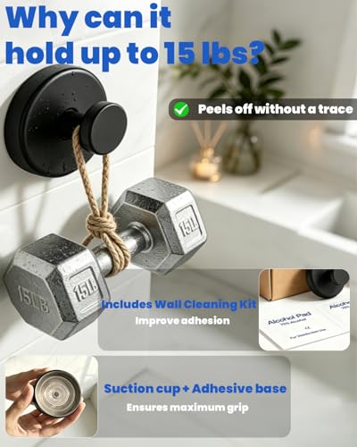 Suction Cup Hooks for Shower - Black Adhesive Towel Hooks, 4 Pack